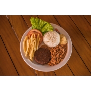 Executivo Brasa Burguer: Prato Executivo Vegano - Executivo na Brasa (Ingredientes: Alface, Arroz, Farofa, Feijão, Fritas, Hambúrguer vegano de 150g grelhado na brasa, Tomate)