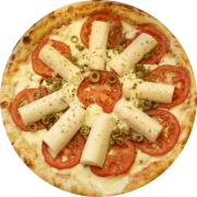Especiais: Bexiga - Pizza Individual (brotinho) (Ingredientes: Azeitona Verde, Catupiry, Molho de Tomate, Mussarela, Orégano, Palmito, Peito de Peru, Tomate)