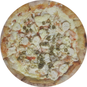 Especiais: Guarujá - Pizza Individual (brotinho) (Ingredientes: Molho de Tomate, Mussarela, Camarão, Catupiry, Palmito em Rodelas, Azeitona Verde, Orégano, Alho Dourado)