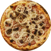 Tradicionais: Calabresa À Brasiliani - Pizza Grande (Ingredientes: Molho de Tomate, Mussarela, Linguiça Tipo Calabresa, Azeitona Preta, Orégano, Cebola)