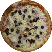 Tradicionais: Portuguesa - Pizza Individual (brotinho) (Ingredientes: Molho de Tomate, Mussarela, Presunto, Ovos, Azeitona Preta, Orégano, Cebola)