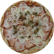 Tradicionais: Lombinho - Pizza Individual (brotinho) (Ingredientes: Molho de Tomate, Mussarela, Catupiry, Lombo Canadense, Azeitona Verde, Orégano)