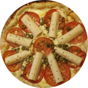Tradicionais: Napolitana - Pizza Individual (brotinho) (Ingredientes: Molho de Tomate, Mussarela, Tomates Selecionados, Palmito, Azeitona Verde, Orégano)