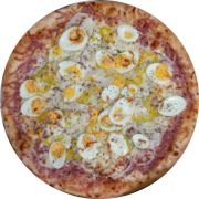 Tradicionais: Portuguesa - Pizza Pequena (Ingredientes: Cebola, Molho de Tomate, Mussarela, Orégano, Ovos, Pimentão, presunto)