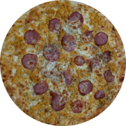 Tradicionais: Frango c/ calabresa - Pizza Pequena (Ingredientes: Calabresa Fatiada, Frango Desfiado, Molho de Tomate, Mussarela, Orégano)