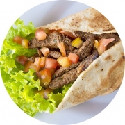 Sanduíches: Kebab / Shawarma Carne - Kebab´s (Ingredientes: AD Alface, AD Batata, AD Cebola, AD Tomate, Carne Bovina AD, Molho Creme de Alho AD, Pão sirio)