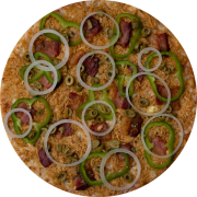 Tradicionais: Dinnos Pizza - Pizza Família (Ingredientes: Azeitona, Bacon, Cebola, Frango, Molho, Mussarela, Orégano, Pimentão)