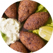 Árabes: Porção Mini Kibe c/ Requeijão - 1 Porção (Ingredientes: Creme de Alho, Kibe, Limão, Requeijão)