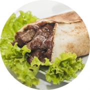 Sanduíches Especiais: Kebab / Shawarma Carne Barbecue - Kebab´s (Ingredientes: AD Alface, AD Batata, AD Cebola, AD Tomate, Carne Bovina AD, Molho Barbecue, Molho Creme de Alho AD, Pão sirio)