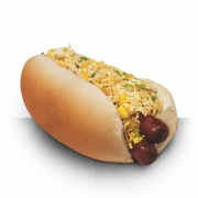 Hot Dog: Monstro - Hot Dog (Ingredientes: 2 Linguiças, Batata Palha, Catchup, Ervilha, Maionese, Milho, Molho, Mostarda, Ovo, Pão, Queijo Ralado, Tempero Verde)