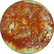 Tradicionais: 029.Parmegiana - Pizza Brotinho (Ingredientes: Calabresa Fatiada, Cheddar, Mussarela)