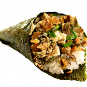 Temakis: Temaki Skin - Temaki Tradicional (Ingredientes: Cebolinha, Cream Cheese, Gergelim, Pele de Salmão Grelhada)