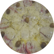 Tradicionais: 008.Bauru - Pizza Brotinho (Ingredientes: Mussarela, Presunto Fatiado, Rodelas de Tomate)