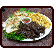 Porções Premium: 134-Isca de Alcatra, Pão Torrado Recheado e Fritas - Porção Premium (Ingredientes: Fritas, Isca de Alcatra Acebolado, Pão Torrado Com Maionese e Orégano, Vinagrete)