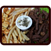 Porções Premium: 130 - Isca de Picanha, Fritas e Queijo Coalho - Porção Premium (Ingredientes: Doce de Leite, Maionese Comilão)