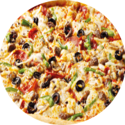 Salgadas: Vegetariana - Pizza Grande (Ingredientes: Azeitona Preta, Cebola, Milho Verde, Molho, Mussarela, Orégano, Palmito, Pimentão, Tomate)