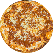 Salgadas: Frango à bolonhesa - Pizza Grande (Ingredientes: Frango Desfiado, Molho, Molho à Bolonhesa, Mussarela, Orégano)