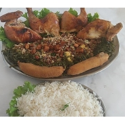Frango: -Frango na brasa a mineira - Frango P/ 2 Pessoas (Ingredientes: Arroz, Banana, Couve, Feijão tropeiro, Torresmo)