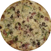 Salgadas: Moda - Pizza Grande (Ingredientes: Azeitona Preta, Calabresa, Cebola, Molho, Mussarela, Orégano, Pimentão, Presunto, Salame Italiano)