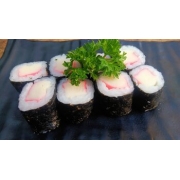 Hossomakis: 04- Hossomaki kani (12 un) - Kani, enrolado de arroz por fora, c/ alga marinha por fora, cream chesse e cebolinha