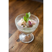 Ceviches: Ceviche Peixe Branco - Peixe Branco do Dia Em Cubos Marinado Em Leite de Tigre Da Casa, Finalizado Com Cebola Roxa, Pimenta Dedo De Moça e Azeite De Coentro. Acompanha Crocante De Batata Doce.