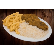 Pratos: Bife à Milanesa - Prato Inteiro / Indicado de 2 à 3 pessoas (Ingredientes: Alface, Arroz, Bife à Milanesa, Fritas, Tomate)