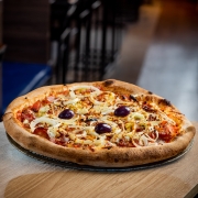 Favoritas: 25 - Mix - Pizza Grande (8 Fatias 35cm) (Ingredientes: Alho Frito, Bacon, Calabresa, Cebola, Molho de Tomate Italiano, Muçarela, Orégano, Ovos, Palmito, Presunto)