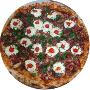 Pizzas Salgadas: Carne Seca com Requeijão - Pizza Grande - 35cm - 8 fatias (Ingredientes: Molho de Tomate, Muçarela, Carne Seca Desfiada, Cebola, Cebolinha, Orégano, Requeijão, Pimenta Biquinho, Tomate em Cubos)