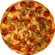Especiais: Malagueta - Pizza Grande (Ingredientes: Azeitonas Verdes, Cebola, Molho de tomate, Mussarela, Orégano, Ovo, Pepperoni, Pimenta Malagueta, Pimentão, Tomate Picado)