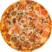 Especiais: Suicida - Pizza Grande (Ingredientes: Alho, Azeite de Oliva, Azeitonas Verdes, Bacon, Cebola, Molho de tomate, Mussarela, Orégano, Pepperoni, Pimenta Malagueta)