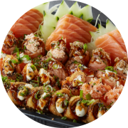 Combinados: Combinado Pindorama - Combo (Ingredientes: 39 peças - 15 Sashimis, 07 Unidades de Hot Roll, 06 Joy Salmão Maçaricado, 03 Niguiri Cru, 03 Joy Salmão Cru, 03 Joy Salmão Frito, 02 Niguiri Maçaricado, Cebolinha, Cream Cheese, Gergelim, Tarê)