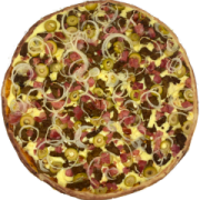 Especiais: Gaúcha - Pizza Grande (Ingredientes: Azeitona, Bacon, Cebola, iscas de carne, Molho de Tomate, Mussarela, Orégano)