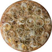 Tradicionais: Bacalhau - Pizza Família (Ingredientes: Azeite, Azeitona, Bacalhau, Cebola, Molho, Mussarela, Orégano, Ovos)