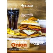 Hambúrguer: Aprisco Onion - Lanche (Ingredientes: 1 hambúrguer de picanha, Bacon, cebola empanada, Molho Barbecue, Mussarela)