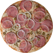 Tradicionais: Lombo Canadense - Pizza Família (Ingredientes: Azeitona, Cebola, Lombo Canadense, Molho, Mussarela, Orégano)