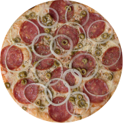 Tradicionais: Salaminho - Pizza Família (Ingredientes: Azeitona, Cebola, Molho, Mussarela, Orégano, Salaminho)