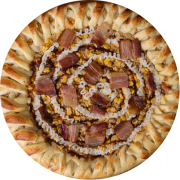pizza: FURACÃO - BROTO (Ingredientes: bacon, BORDA DE FRANGO COM CATUPIRY, catupiry, frango temperado, milho, molho, molho barbecue, mussarela, orégano)