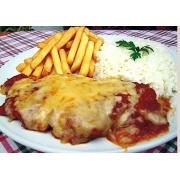 Frango: frango a armegiana ara 2 - Frango P/ 2 Pessoas (Ingredientes: Arroz, Fritas, molho de tomate, Presunto, queijo)