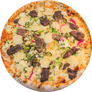 Premium: Pizza do Jefi - Pizza Grande (Ingredientes: Alho Poró, Brie, Cebolete, Cream Cheese, Entrecot, Gouda, Molho de tomate, Mussarela, Orégano, Tomate Seco)