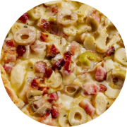 Tradicionais: Siciliana - Pizza Grande (Ingredientes: Azeitonas Verdes, Bacon, Champignon, Molho de tomate, Mussarela, Orégano)