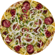 Tradicionais: Campeira - Pizza Grande (Ingredientes: Cebola, Linguiça, Molho de tomate, Mussarela, Orégano, Ovo, Salsa)