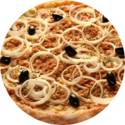 Tradicionais: Atum - Pizza Grande (Ingredientes: Atum, Azeitonas Pretas, Cebola, Molho de tomate, Mussarela, Orégano)