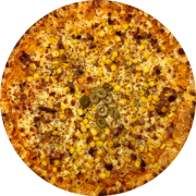 Premiale: 18 - Frango Caipira - Pizza Grande (Ingredientes: Azeitona, Bacon, Frango Desfiado, Milho, Molho de Tomate, Mussarela, Orégano)