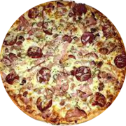 Salgadas: Quatro Carnes com Catupiry - Pizza Grande (Ingredientes: Bacon, Calabresa, Catupiry, Cebola, Frango, Molho, Mussarela, Orégano, Presunto)