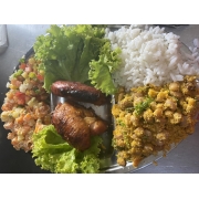 Churrascos: 158-Misto P/ 1 Pessoa(01 Sobrecoxa e 01 Toscana) - Churrasco (Ingredientes: Arroz, Feijão, Salada de Maionese, Vinagrete)