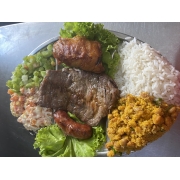 Churrascos: 302-MistoP/1Pessoa(01Coxa,1fatia Cupim e1toscana) - Churrasco (Ingredientes: Arroz, Feijão, Salada de Maionese, Vinagrete)