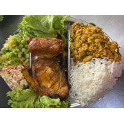 Churrascos: 311-Misto P/1Pessoa((01Bisteca e 01sobre Coxa) - Churrasco (Ingredientes: Arroz, Feijão, Salada de Maionese, Vinagrete)