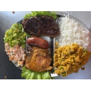 Churrascos: 309-Misto P/ 1(1 Bisteca,1Fatia de Filé e 1toscana - Churrasco (Ingredientes: Arroz, Feijão, Salada de Maionese, Vinagrete)