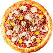 Tradicionais: Portuguesa - Pizza Família (Ingredientes: Azeitona, Cebola, Ervilha, Molho de Tomate, Mussarela, Orégano, Ovo, Pimentão, Presunto)