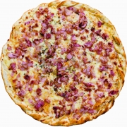 Salgadas: Bacon - Pizza Família (Ingredientes: Bacon, Molho, Mussarela, Orégano)